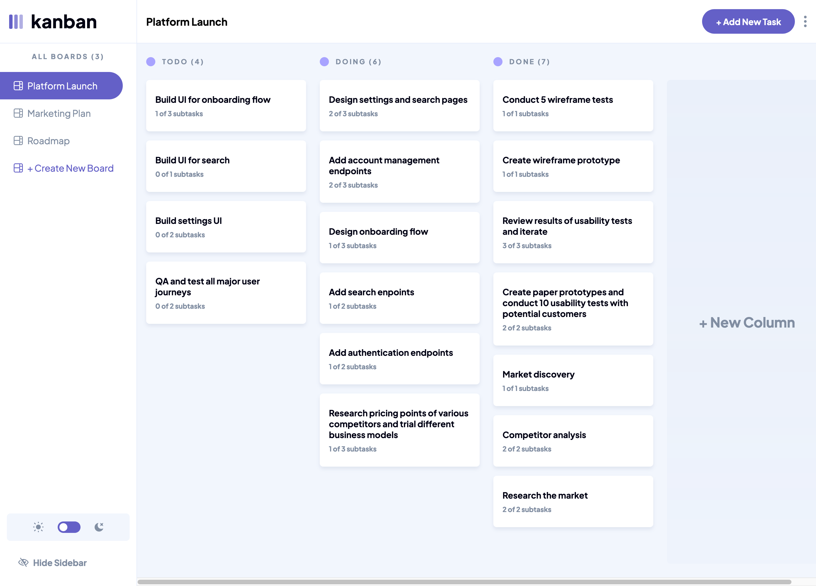 Screenshot of the kanban board web app.